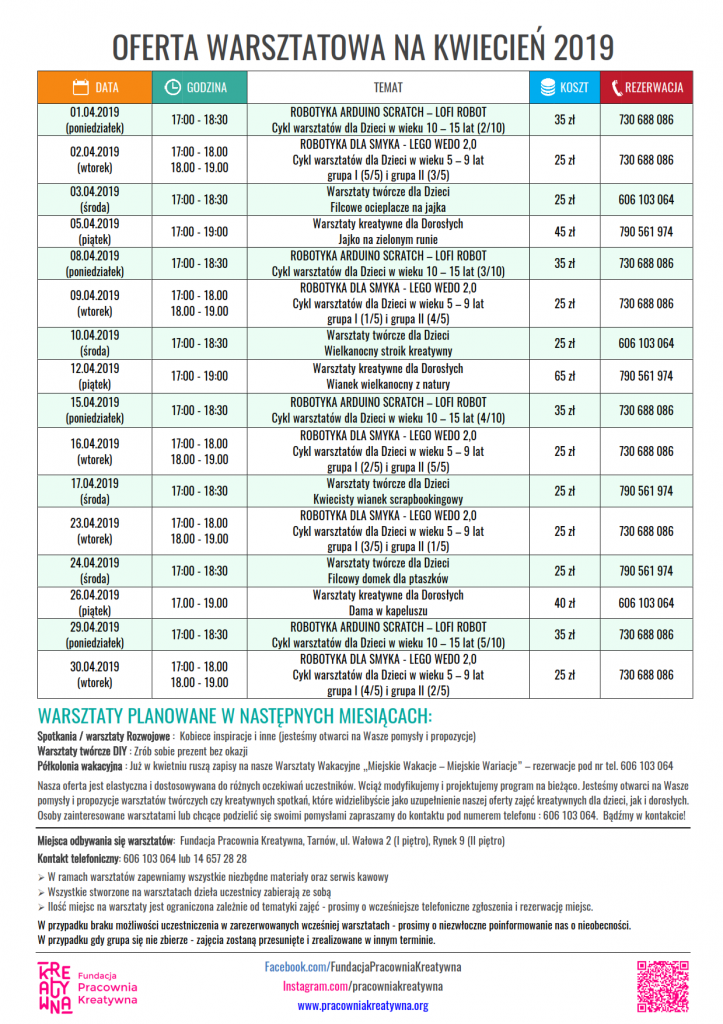 Oferta zajęć dla dzieci i dorosłych na kwiecień 2019