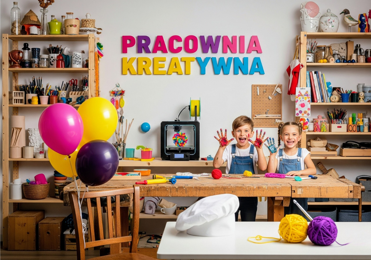 Dzieci na kreatywnych zajęciach pozalekcyjnych w Fundacji Pracownia Kreatywna w Tarnowie. Warsztaty artystyczne i druk 3D